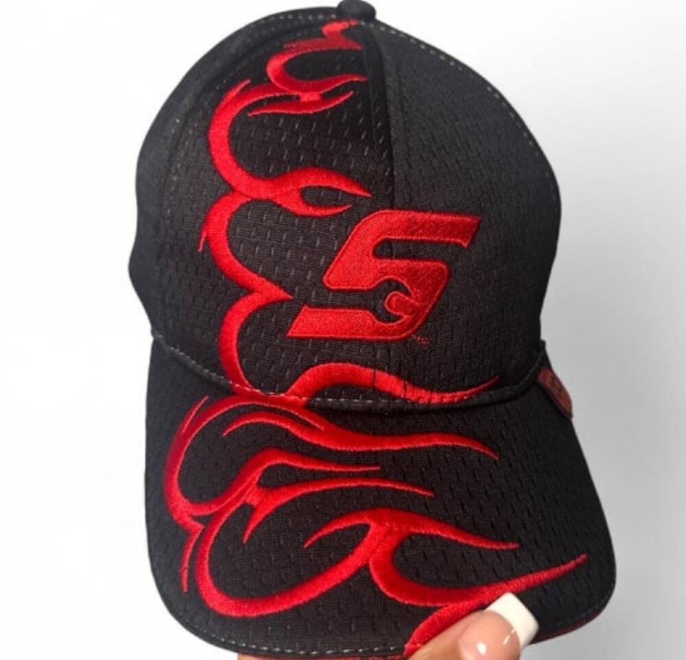 Black fitted baseball cap with red embroidered flame graphic